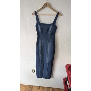 FORE Denim Square Neck Midi Dress Women's Size S Bodycon Sleeveless‎ Blue